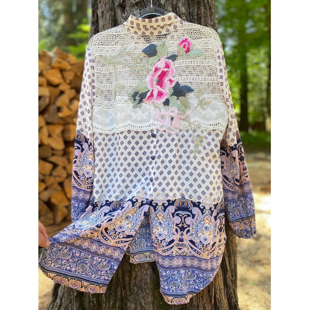 Aratta Silent Journey Button Down Tunic Blouse Dress Lace Embroidery Long Sleeve